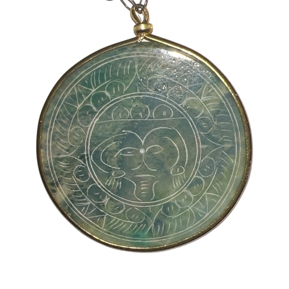 Nephrite Jade Green Beaded Chain Carved Sun God Pendent Vintage Necklace - Picture 2 of 8